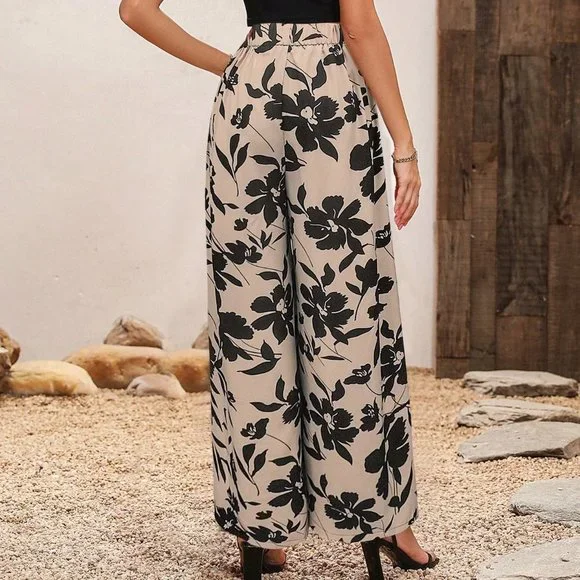 Khaki Casual Women's Puff Sleeve Top Flower Printed Wide Leg Pants Two Piece Set - Picture 2 of 5